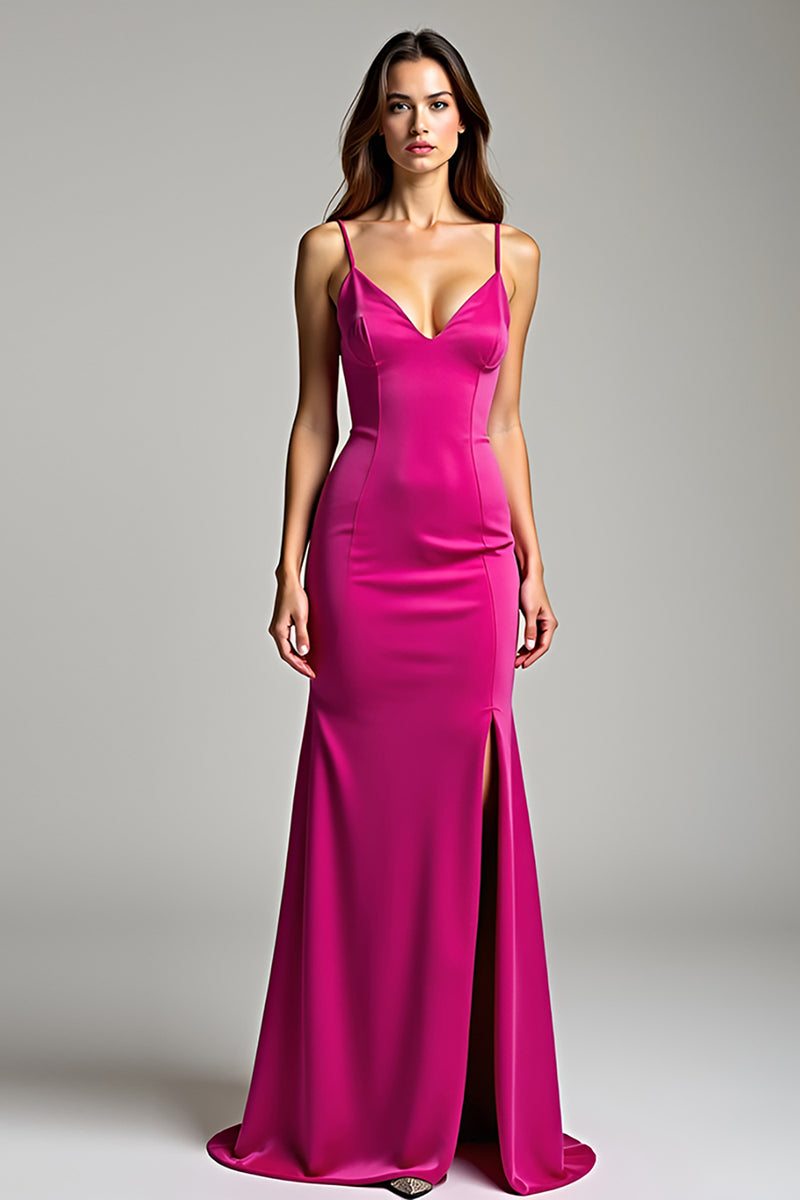Laden Sie das Bild in den Galerie-Viewer, Fuchsia Meerjungfrau Spaghettiträger Satin Langes Abendkleid mit Schlitz