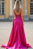 Laden Sie das Bild in den Galerie-Viewer, Glitzer Fuchsia A Linien Schulterfrei Satin Korsett Langes Abendkleid mit Schlitz