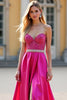 Laden Sie das Bild in den Galerie-Viewer, Glitzer Fuchsia A Linien Schulterfrei Satin Korsett Langes Abendkleid mit Schlitz