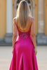 Laden Sie das Bild in den Galerie-Viewer, Glitzer Fuchsia A Linien Schulterfrei Satin Korsett Langes Abendkleid mit Schlitz