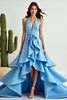 Laden Sie das Bild in den Galerie-Viewer, Blau A Linien Neckholder Satin Vokuhila Langes Abendkleid mit Rüschen