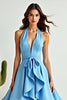 Laden Sie das Bild in den Galerie-Viewer, Blau A Linien Neckholder Satin Vokuhila Langes Abendkleid mit Rüschen