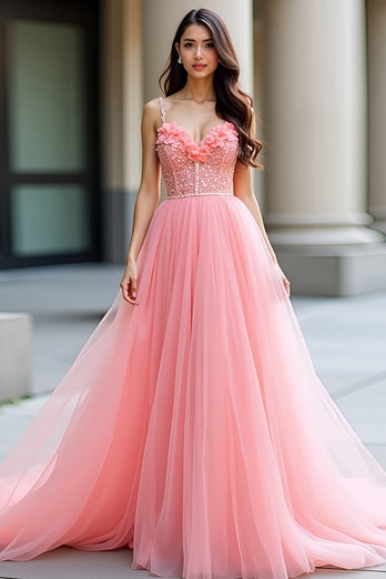 Glitzer Rosa A Linien Spaghettiträger 3D Blumen Langes Abendkleid mit Schlitz