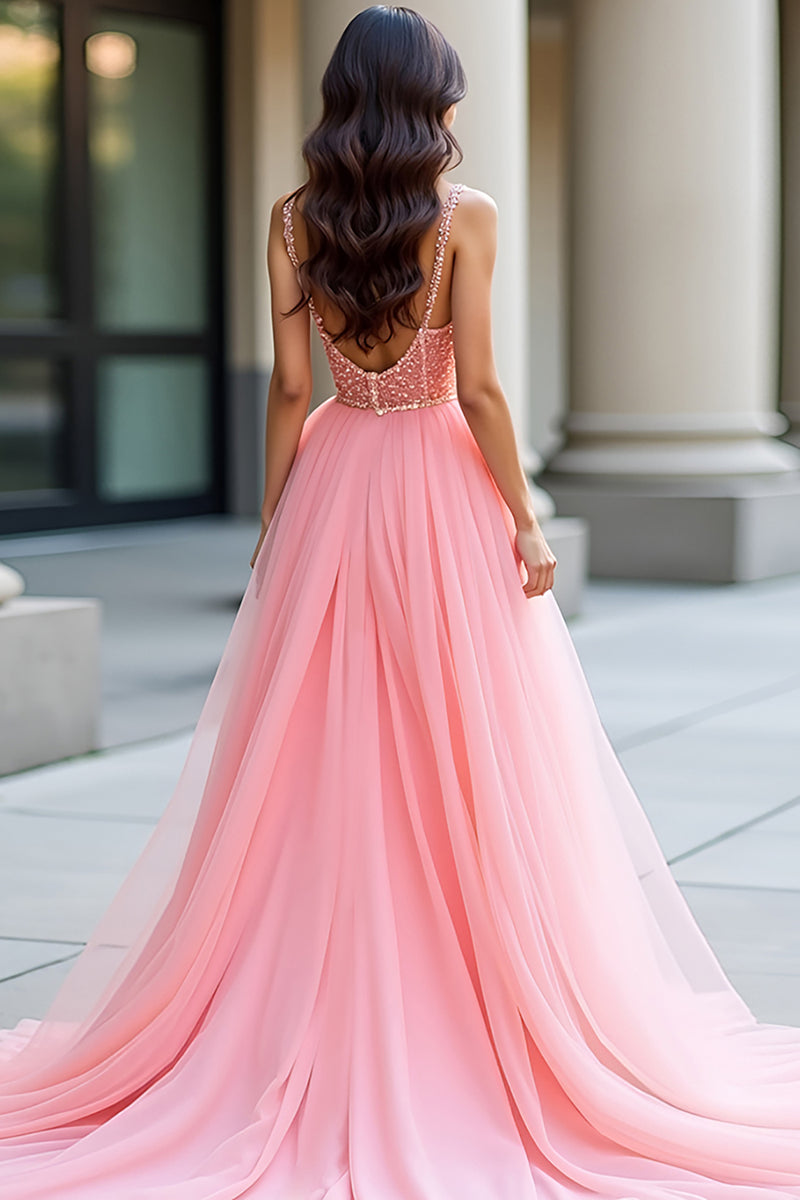 Laden Sie das Bild in den Galerie-Viewer, Glitzer Rosa A Linien Spaghettiträger 3D Blumen Langes Abendkleid mit Schlitz