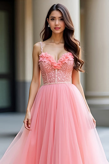 Glitzer Rosa A Linien Spaghettiträger 3D Blumen Langes Abendkleid mit Schlitz