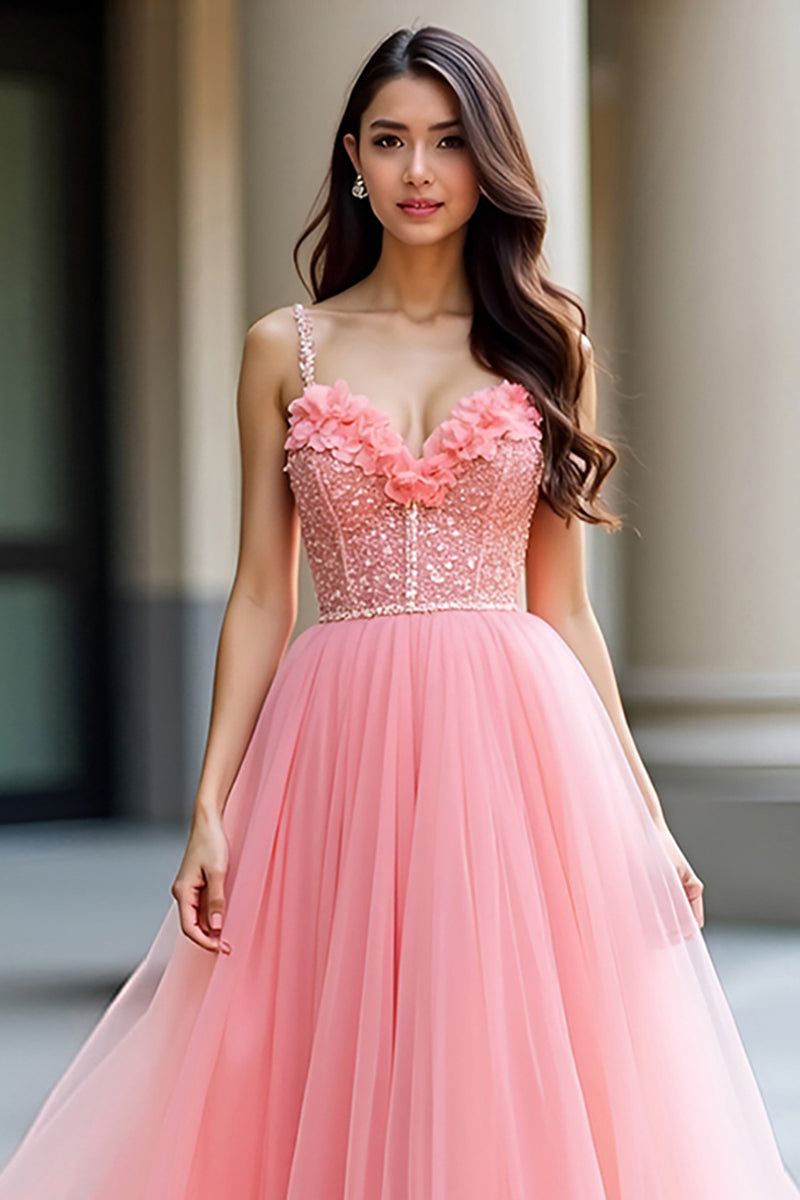 Laden Sie das Bild in den Galerie-Viewer, Glitzer Rosa A Linien Spaghettiträger 3D Blumen Langes Abendkleid mit Schlitz