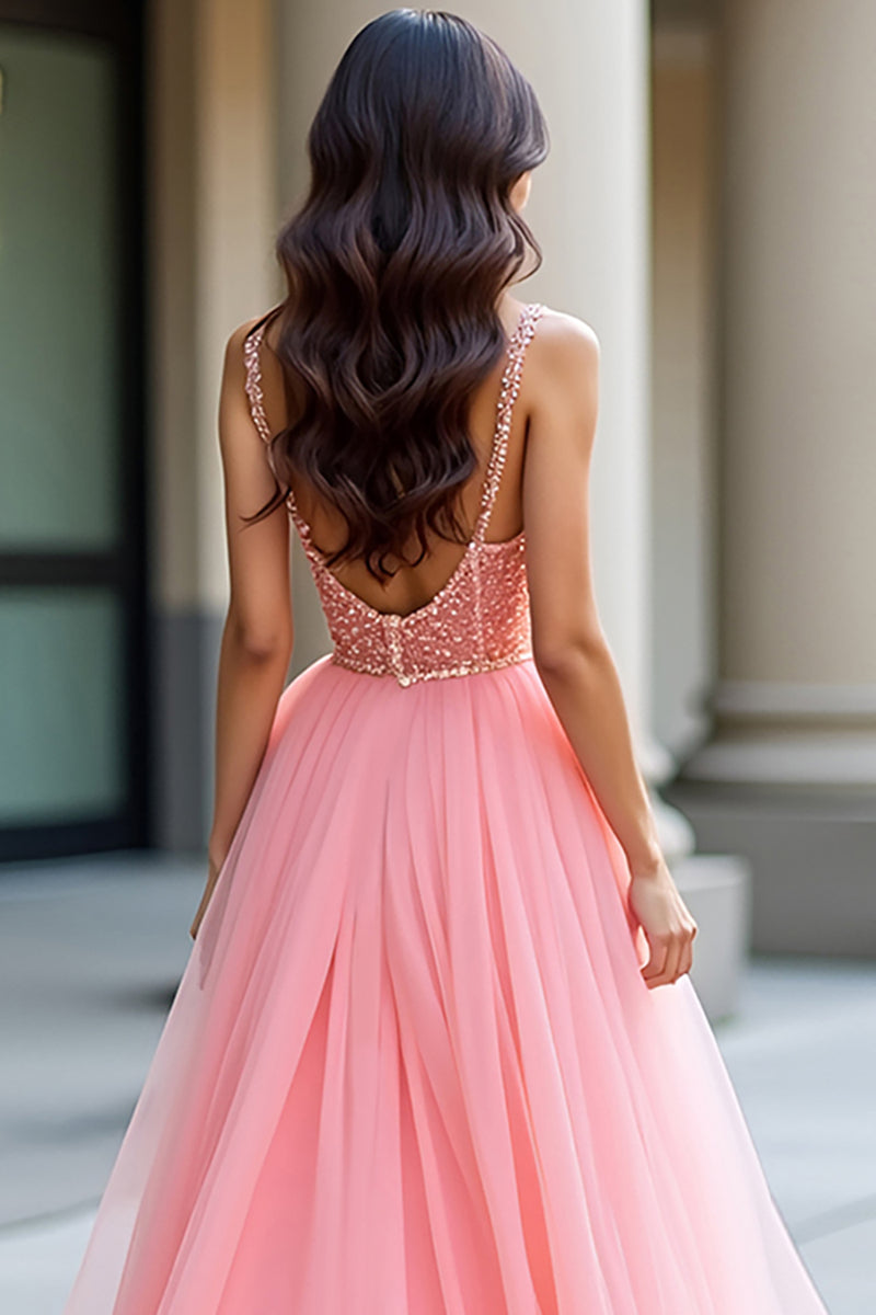 Laden Sie das Bild in den Galerie-Viewer, Glitzer Rosa A Linien Spaghettiträger 3D Blumen Langes Abendkleid mit Schlitz