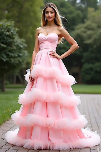 Rosa A Linien Schulterfrei Langes Abendkleid mit Rüschen