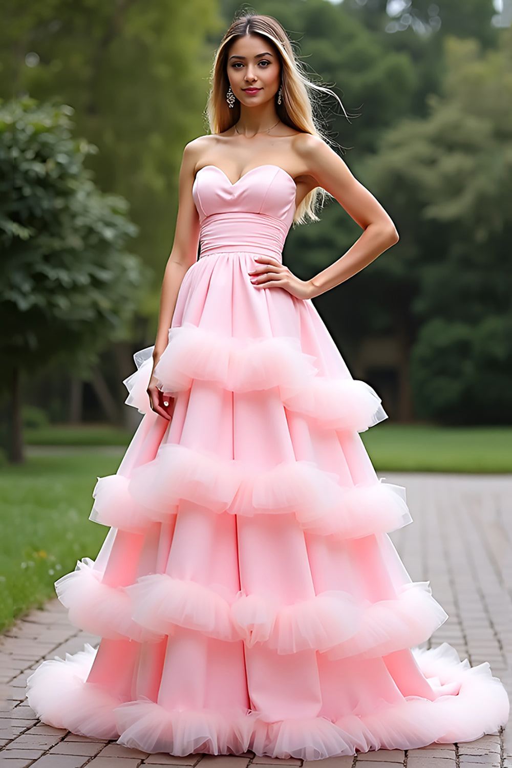 Rosa A Linien Schulterfrei Langes Abendkleid mit Rüschen