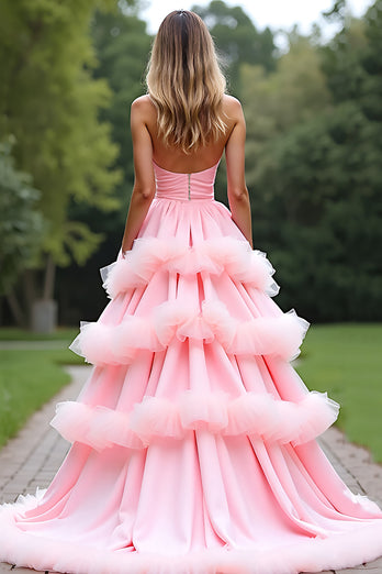 Rosa A Linien Schulterfrei Langes Abendkleid mit Rüschen