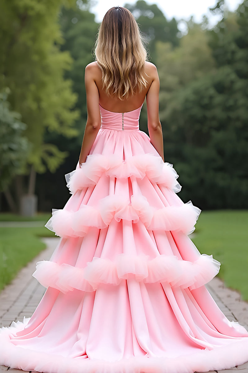 Laden Sie das Bild in den Galerie-Viewer, Rosa A Linien Schulterfrei Langes Abendkleid mit Rüschen