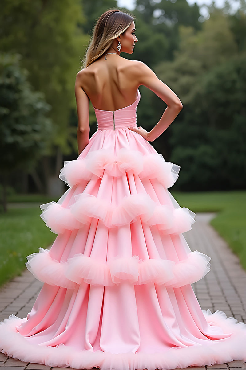 Laden Sie das Bild in den Galerie-Viewer, Rosa A Linien Schulterfrei Langes Abendkleid mit Rüschen