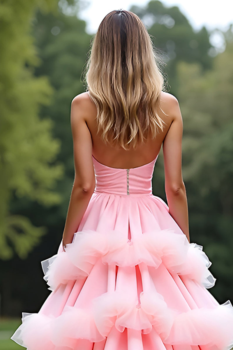 Laden Sie das Bild in den Galerie-Viewer, Rosa A Linien Schulterfrei Langes Abendkleid mit Rüschen