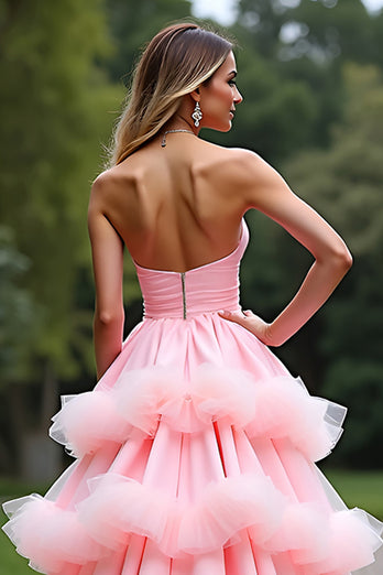 Rosa A Linien Schulterfrei Langes Abendkleid mit Rüschen