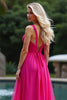 Laden Sie das Bild in den Galerie-Viewer, Fuchsia A Linien Rückenfrei Langes Abendkleid mit Schnürung am Rücken