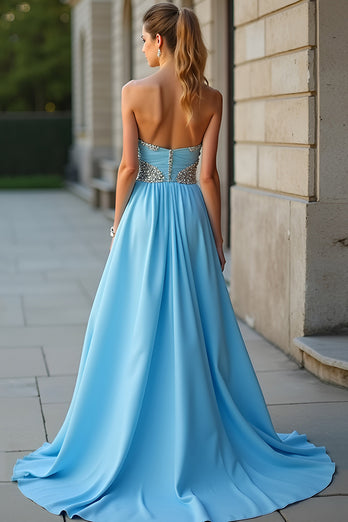 Glitzer Blau A Linien Schulterfrei Langes Abendkleid mit Schlitz