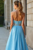 Laden Sie das Bild in den Galerie-Viewer, Glitzer Blau A Linien Schulterfrei Langes Abendkleid mit Schlitz
