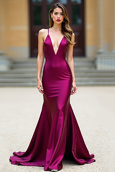 Dunkellila Meerjungfrau Satin Rückenfrei Langes Abendkleid