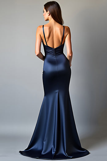 Dunkelblau Meerjungfrau Satin Rückenfrei Langes Abendkleid mit Schlitz