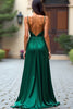 Laden Sie das Bild in den Galerie-Viewer, Dunkelgrün A Linien Satin Spaghettiträger Langes Abendkleid mit Schlitz