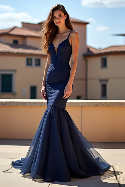 Dunkelblau Meerjungfrau Spaghettiträger Langes Abendkleid mit Spitze