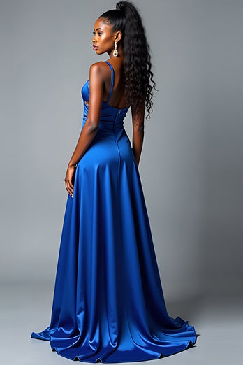 Königblau A Linien Spaghettiträger Satin Langes Abendkleid mit Schlitz