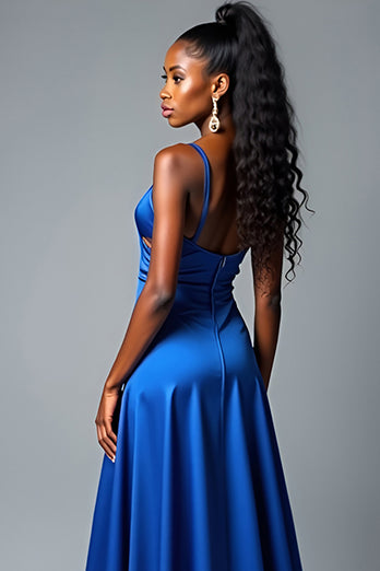 Königblau A Linien Spaghettiträger Satin Langes Abendkleid mit Schlitz