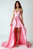 Laden Sie das Bild in den Galerie-Viewer, Rosa Hochtief Spaghettiträger Satin Langes Abendkleid mit Rüschen