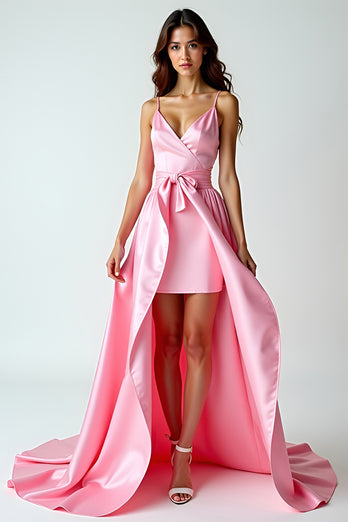Rosa Hochtief Spaghettiträger Satin Langes Abendkleid mit Rüschen