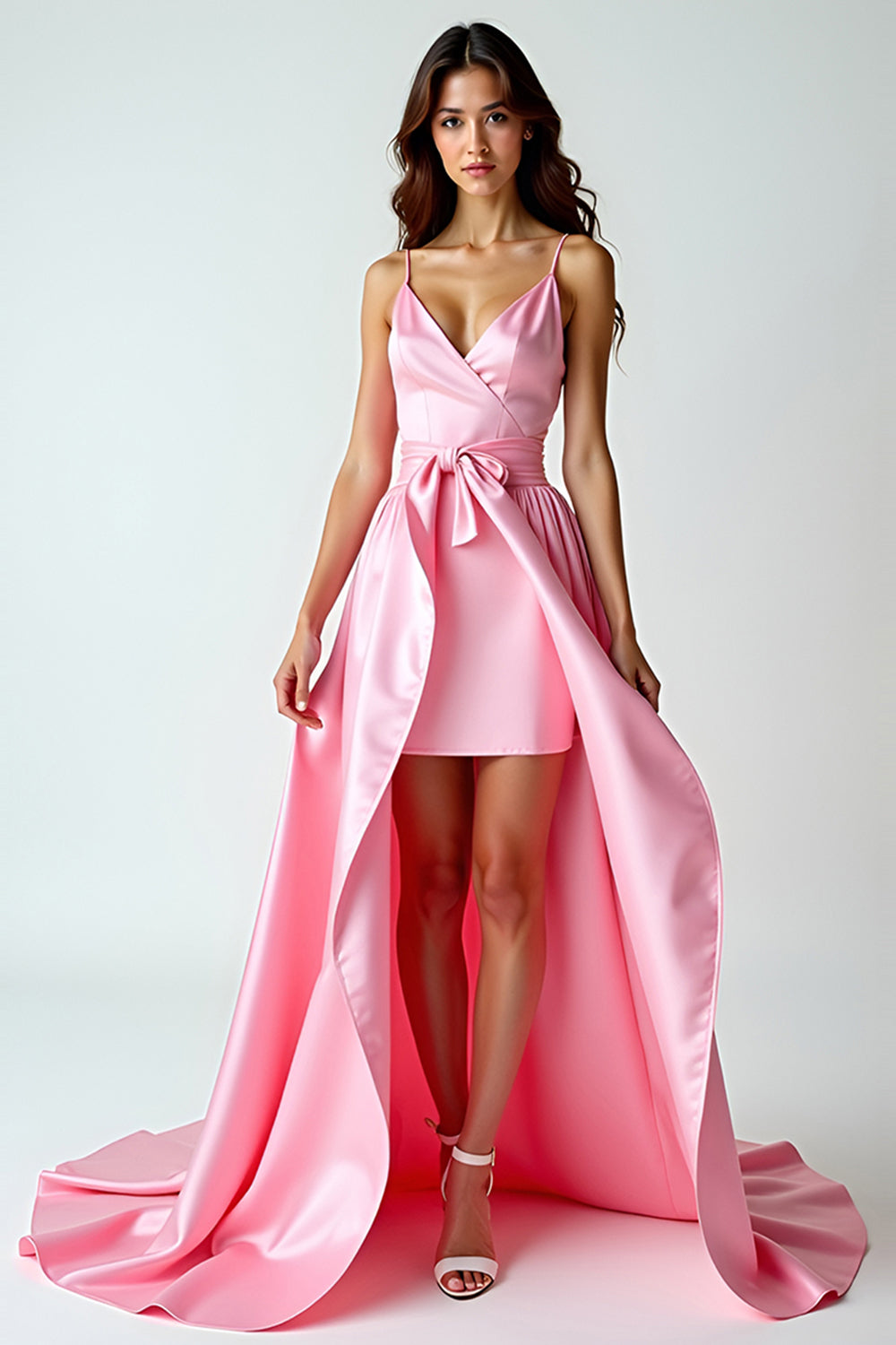 Rosa Hochtief Spaghettiträger Satin Langes Abendkleid mit Rüschen