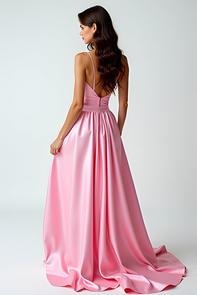 Laden Sie das Bild in den Galerie-Viewer, Rosa Hochtief Spaghettiträger Satin Langes Abendkleid mit Rüschen