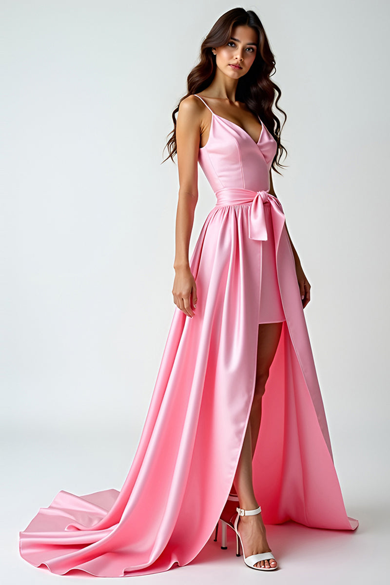 Laden Sie das Bild in den Galerie-Viewer, Rosa Hochtief Spaghettiträger Satin Langes Abendkleid mit Rüschen