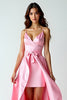 Laden Sie das Bild in den Galerie-Viewer, Rosa Hochtief Spaghettiträger Satin Langes Abendkleid mit Rüschen