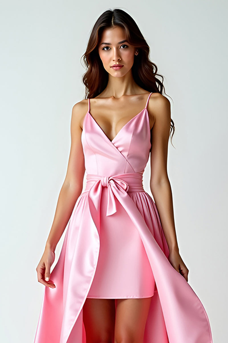 Laden Sie das Bild in den Galerie-Viewer, Rosa Hochtief Spaghettiträger Satin Langes Abendkleid mit Rüschen