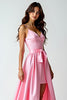 Laden Sie das Bild in den Galerie-Viewer, Rosa Hochtief Spaghettiträger Satin Langes Abendkleid mit Rüschen