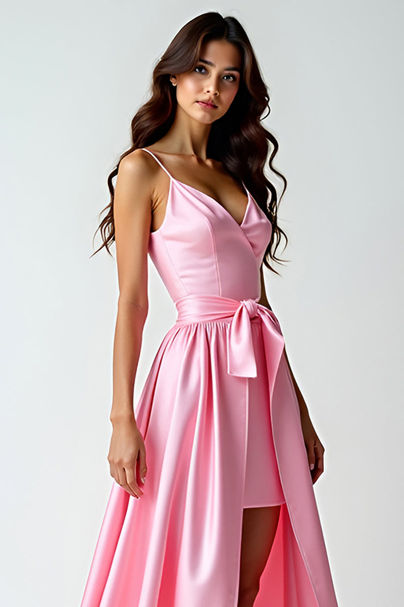 Laden Sie das Bild in den Galerie-Viewer, Rosa Hochtief Spaghettiträger Satin Langes Abendkleid mit Rüschen