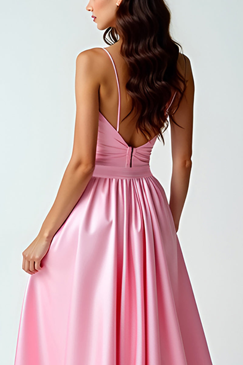 Laden Sie das Bild in den Galerie-Viewer, Rosa Hochtief Spaghettiträger Satin Langes Abendkleid mit Rüschen