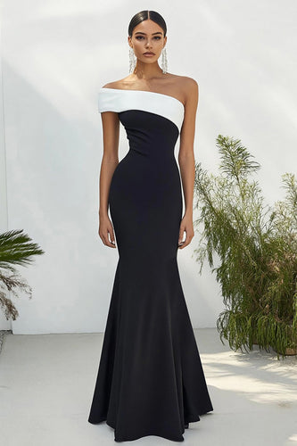 Schwarz und Weiß Eine Schulter Satin Lange Formelle Kleid