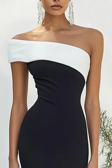Schwarz und Weiß Eine Schulter Satin Lange Formelle Kleid