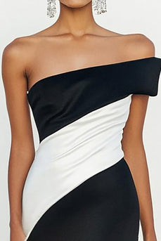 Schwarz und Weiß Trägerlos Satin Etui Lange Formelle Kleid