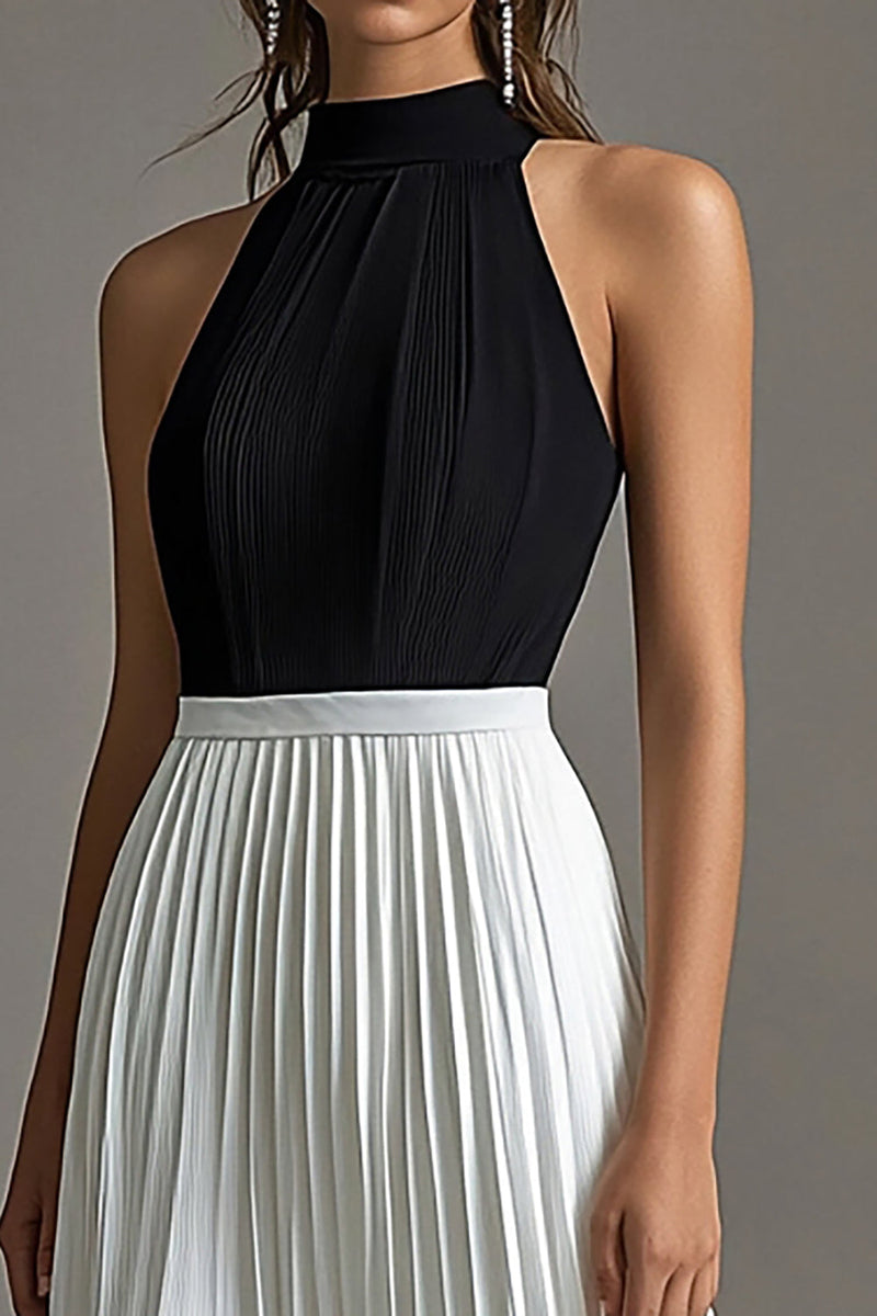 Laden Sie das Bild in den Galerie-Viewer, Weiß und Schwarz A Linie Neckholder Falten Lange Formelle Kleid