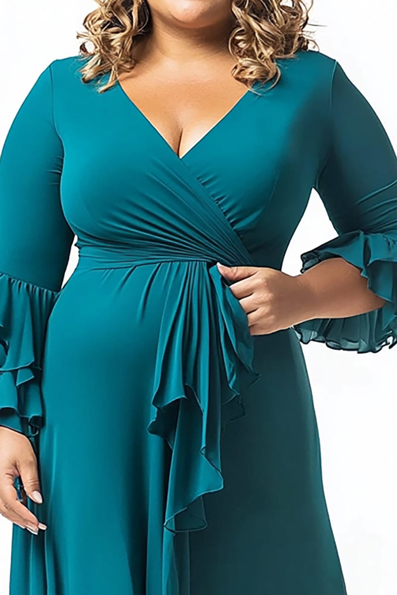 Laden Sie das Bild in den Galerie-Viewer, Pfauenblaues V-Ausschnitt halblangen Ärmeln Übergröße Brautmutter Kleid