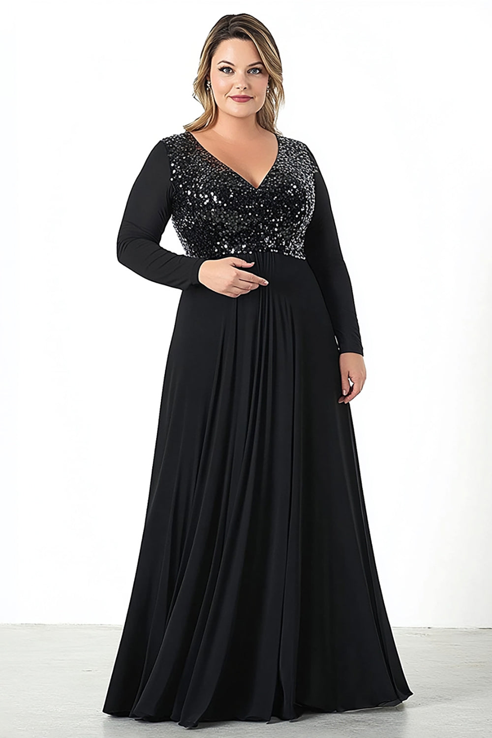Schwarz A Linien Chiffon Langes Kleid für die Brautmutter in Große Größen mit Ärmeln