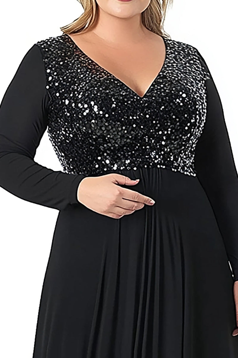 Laden Sie das Bild in den Galerie-Viewer, Schwarz A Linien Chiffon Langes Kleid für die Brautmutter in Große Größen mit Ärmeln