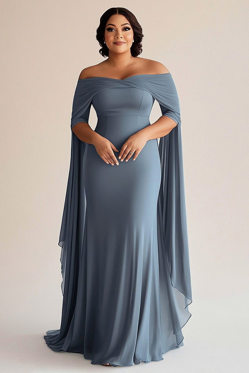 Laden Sie das Bild in den Galerie-Viewer, Graublau Schulterfrei Chiffon Langes Kleid für die Brautmutter