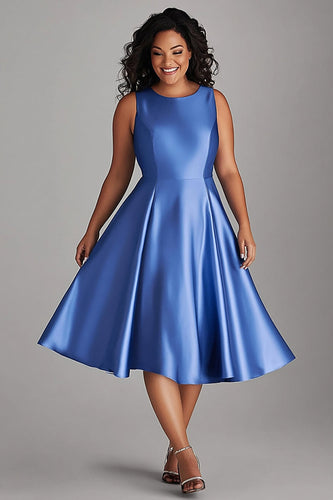 Blau A Linien Satin Knielanges Kleid für die Brautmutter in Große Größen