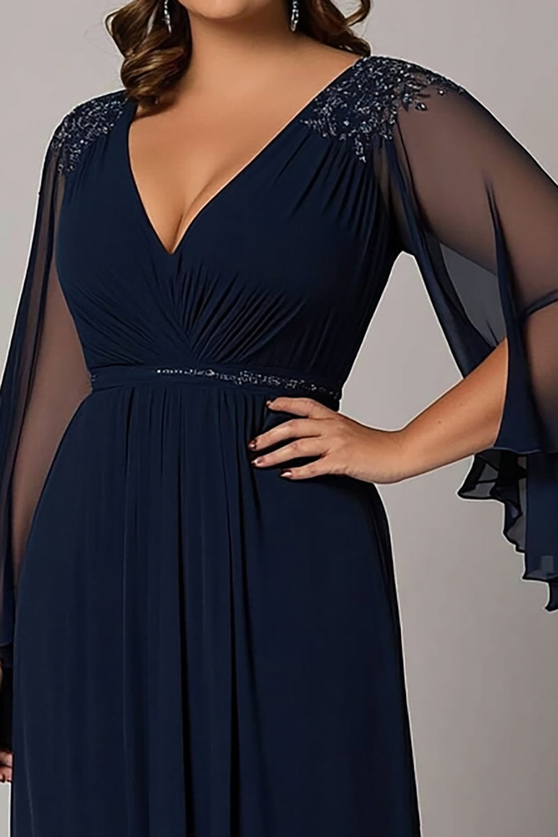 Laden Sie das Bild in den Galerie-Viewer, Marineblau A Linien Langes Kleid für die Brautmutter in Große Größen mit Ärmeln