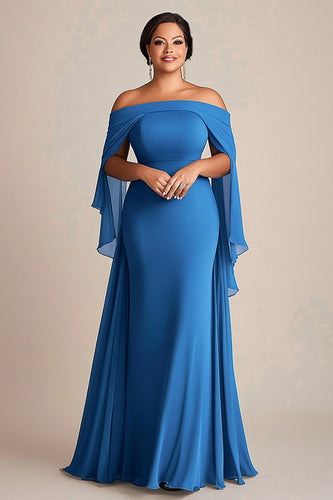 Blau Etui Chiffon Karree Schulterfrei Langes Kleid für die Brautmutter