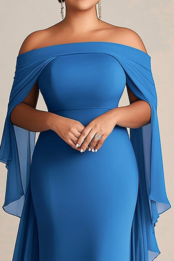 Blau Etui Chiffon Karree Schulterfrei Langes Kleid für die Brautmutter