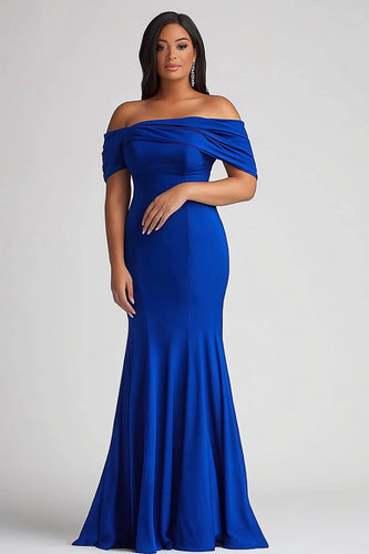 Königsblau Meerjungfrau Schulterfrei Langes Satin Kleid für die Brautmutter